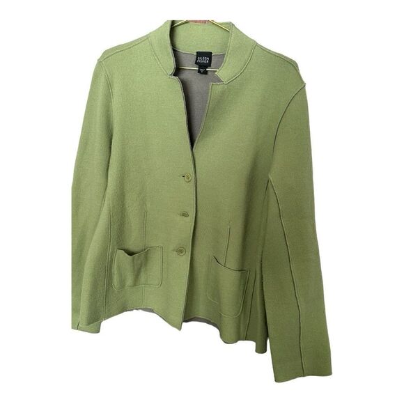 EILEEN FISHER | Merino Wool Doubleknit Button Front Cardigan Green Gray | M - Picture 1 of 11